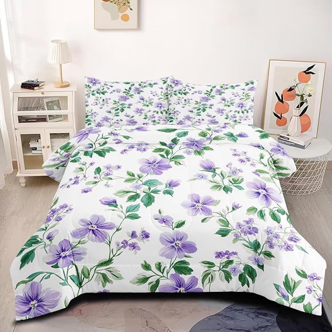 Cottage Girls Woman Purple Flowers Comforter Sets King Size, 7Pcs Botanical Flowers Comforter for Bedroom Decor，1 Comforter, 2 Pillowcases, 1 Fitted Sheet, 1 Flat Sheet, 2 Pillow Shams