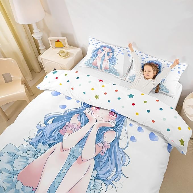 Erosebridal Blue Girly Anime Kids Down Comforter Full,Cute Cartoon Girl Comforter Set Romantic Aesthetic Bedding Set Kawaii Watercolor Love Heart Quilt Set 2 Pillow Cases