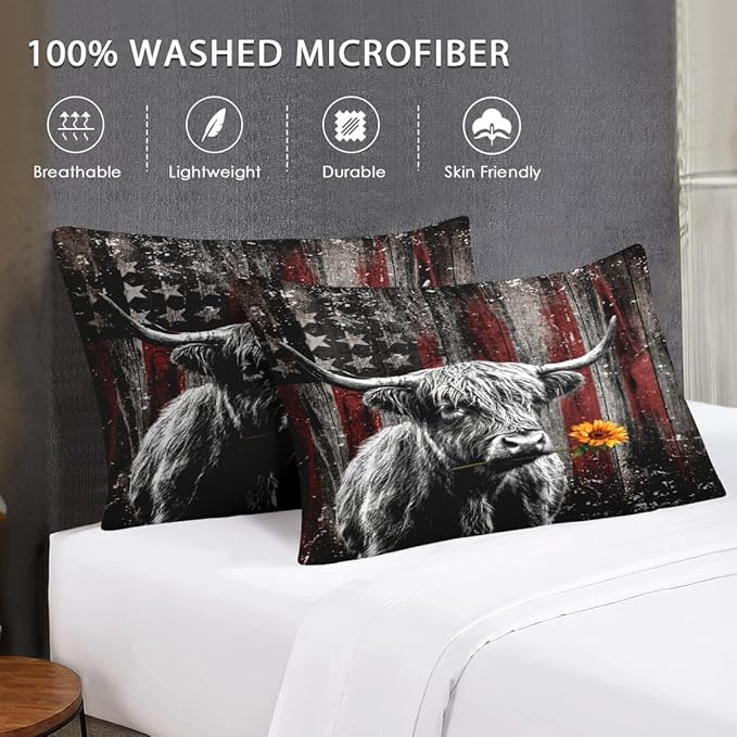 Full Size Comforter Set with 2 Pillowcases, Highland Cow Animal 3 Pcs Bedding for Kids and Adults, Farm American Flag Soft Comforter Set for Bedroom Bed Decor