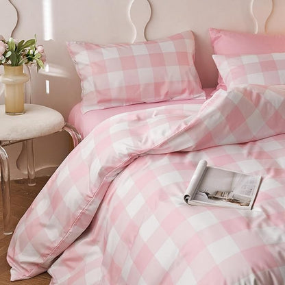 Wake In Cloud - Gingham Comforter Set, Plaid Buffalo Check Checkered Cottagecore Cute Geometric, Soft Lightweight Bedding, 3 Pieces, Pink, Full Size