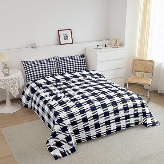 Manfei Navy Blue Plaid Bedding Set Twin Size Buffalo Check Plaid Comforter Classic Gingham Pattern Comforter Set Navy White Grid Duvet Set 2Pcs Quilt Set 1 Comforter Set with 1 Pillowcase