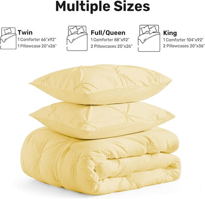 UNIKOME King Size Comforter Set Yellow - Ultra Soft Boho Pintuck Down Alternative Bedding Set for All Seasons, 3 Pieces Lightweight Warm Pinch Pleat Bed Set with Comforter, 2 Pillowcases