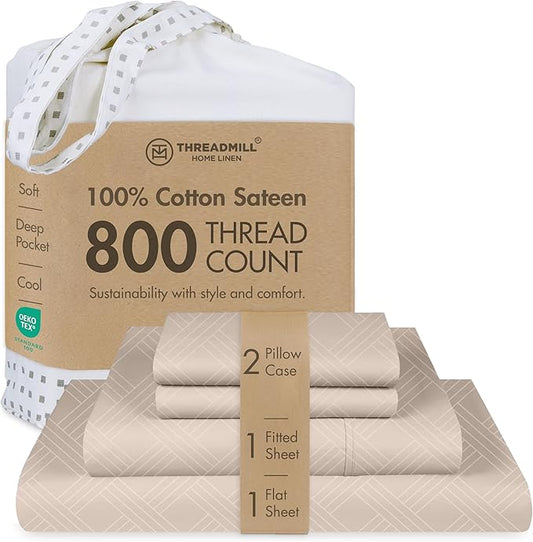 Threadmill King Size Sheets for King Mattress | 800 Thread Count Jacquard Celine Light Beige | Better Than Egyptian Cotton | 4 Pc Bed Sheets | Damask Sheet Fits 16'' Deep Pocket | 100% Cotton Sheets