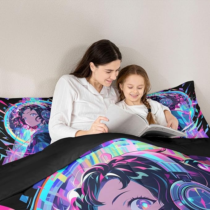 Erosebridal 3D Anime Girl Bedding Comforter Sets American Street Culture Comforter Set Queen for Teens Youth Girls Watercolor Graffiti Style Bedding Galaxy Stars Print Duvet Set with 2 Pillow Cases