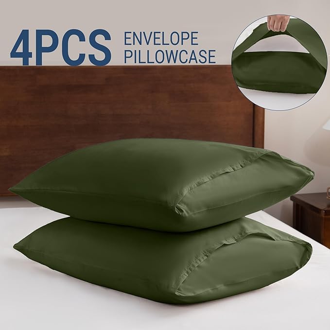 Pillowcases Standard 4 Pack, 20x26 Pillow Cases with Envelope Closure, Soft Plain Brushed Microfiber Covers Breathable Wrinkle-Resistant, Olive Green