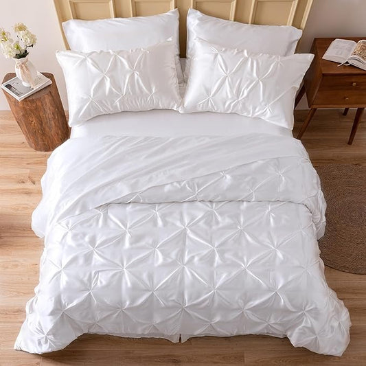 MR&HM Satin Comforter California King 7 Pieces White - Luxurious Pinch Pleat Bedding Set with Comforter, Flat Sheet, Fitted Sheet, Pillowcases & Shams, Super Silky Soft Bed Set for All Season