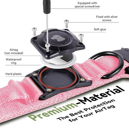 2026 Upgrade Waterproof Tactical AirTag Dog Collar, Built in AirTag Holder | Comfortable Control Handle, Quick Release Metal Buckle, Durable 1000D Nylon, For Medium to Large Dogs, Pink,L