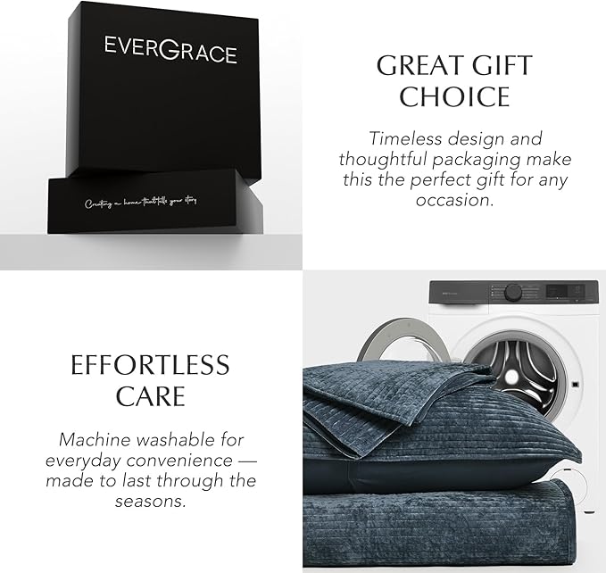 EVERGRACE Velvet Quilt Set Queen Size, Luxurious Soft Quilted Bedding Sets, Lightweight Velvet Comforter for All Season, Striped Channel Bedspread Coverlet with 2 Shams, Midnight Blue