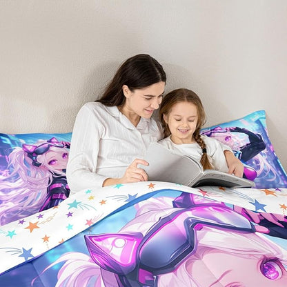Erosebridal Girls Japanese Anime Bedding Set King, Kawaii Anime Girl Comforter Set Cartoon Girl Quilt for Kids Teens Adult Women, Japanese Animation Sci Fi Style Duvet Insert, Blue Purple