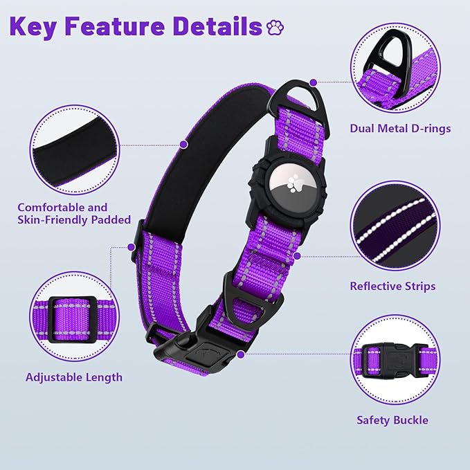 Taglory AirTag Dog Collar with Waterproof Holder for Large Dogs, Purple, XL | Reflective for Night Walks & Low-Light Safety, Track Your Pup Peace of Mind, Adjustable Soft Padded, No More Dangling Tags