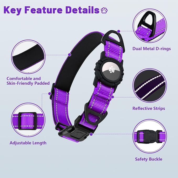 Taglory AirTag Dog Collar with Waterproof Holder for Medium Dogs, Purple, M | Reflective for Night Walks & Low-Light Safety, Track Your Pup Peace of Mind, Adjustable Soft Padded, No More Dangling Tags