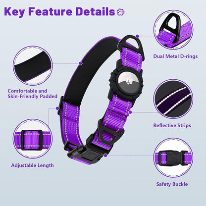 Taglory AirTag Dog Collar with Waterproof Holder for Medium Dogs, Purple, M | Reflective for Night Walks & Low-Light Safety, Track Your Pup Peace of Mind, Adjustable Soft Padded, No More Dangling Tags