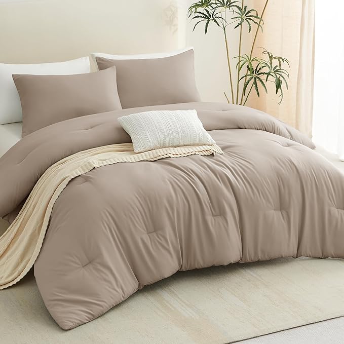 CozyLux Queen Comforter Set Khaki, 3 Pieces Solid Comforters Queen Size Breathable Quilted Bedding Sets, Luxury Soft Lightweight Bed Set with Down Alternative Comforter and 2 Pillowcases All Seasons