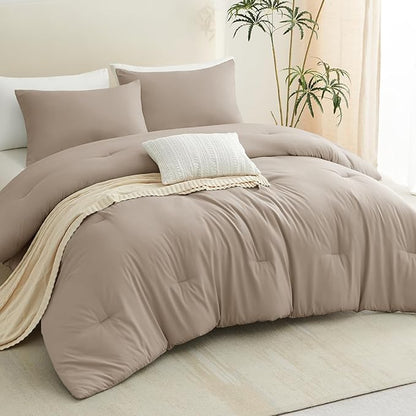 CozyLux Full Size Comforter Set Khaki, 3 Pieces Solid Breathable Quilted Bedding Sets, Luxury Lightweight Soft Bed Set with Down Alternative Comforter and 2 Pillowcases for All Seasons