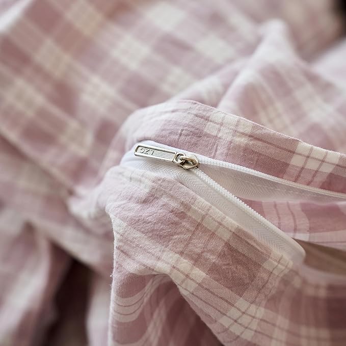 Gingham Queen Size Duvet Cover Purple Washed Cotton Comforter Queen Size Cover Boho Cute Checkered Zipper Duvet Cover Set with Corner Ties Plaid Soft Bedding Set for Teen Girls Duvet Protector
