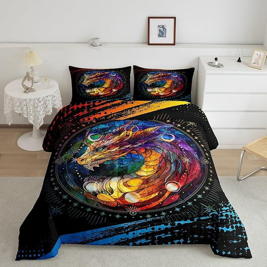 Feelyou Dragon Comforter Set Full Size Dragon Stuff Comforter for Boys Girls Teens Wild Life Bedding Set Dragon Decor Duvet Set Room Decor Black Orange Yellow Quilt Set