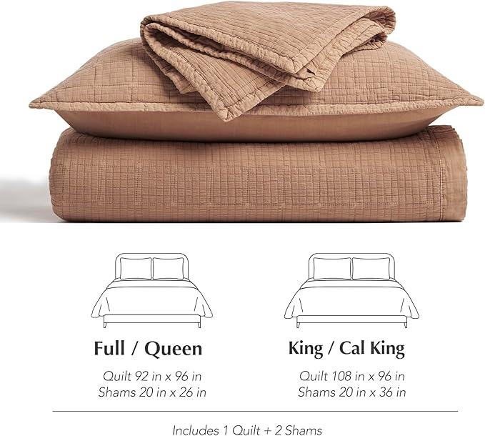 EVERGRACEHOME Stonewashed Cotton Quilt Set King Size, Ultra Soft Oversized Bedspread Coverlet Set, Lightweight Crinkle Box Stitch Bedding Sets for All Season, with 2 Shams, Terracotta