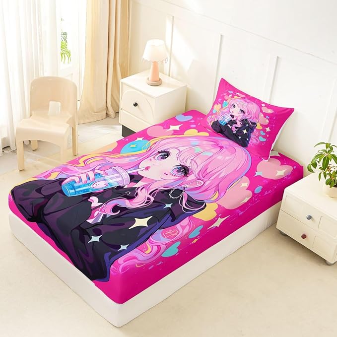 Erosebridal Preppy Girls Sheets for Boys Girls Kawaii Japanese Girl Drinking Water Fitted Sheet,Coquette Girl with Colorful Curly Hair Kids Bedding Sets Pink Anime Gifts Bed Sets Twin 2 Piece