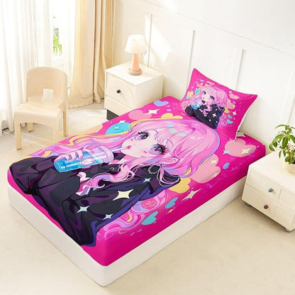 Erosebridal Preppy Girls Sheets for Boys Girls Kawaii Japanese Girl Drinking Water Fitted Sheet,Coquette Girl with Colorful Curly Hair Kids Bedding Sets Pink Anime Gifts Bed Sets Twin 2 Piece