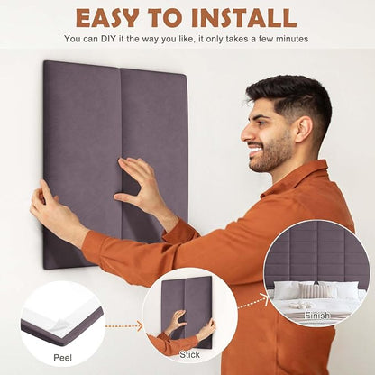 IFNOW Wall Mounted Headboard, Peel and Stick Panels, Dark Purple, King | Upholstered 3D Soundproof Acoustic Panels Reusable and Removable Padded Leather Bed Headboard, 12 Panels 9.84" x 23.62"