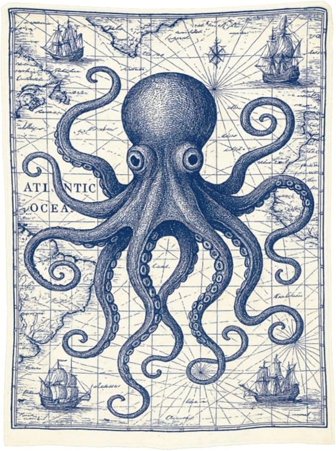 Nautical Octopus Blanket Super Soft Warm Fluffy Fleece Flannel Sea Animal Throw Blanket Cozy Fuzzy Plush Stuff Bedding Sealife Blankets Gifts for Women Kids Boys Girls Adults 60"X50"