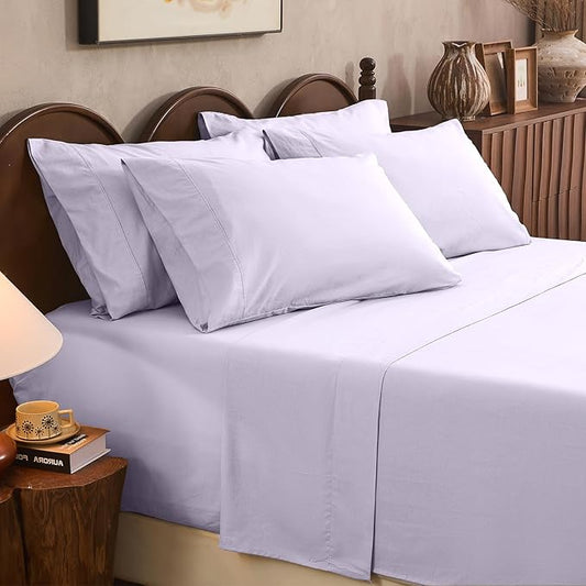 100% Linen Sheet Set Queen Size Extra Deep Pocket Fits 18-24 Inch Mattress, Breathable & Soft, Smooth 6-Piece Set for Thick Mattresses Hotel Luxury Bedding（Queen, Light Purple）