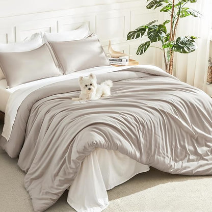 Litanika Deep Linen Grey Comforter Set Queen Size, 3 Pieces Lightweight Solid Bedding Comforter Set, All Season Fluffy Bed Set (90x90In Comforter & 2 Pillowcases)