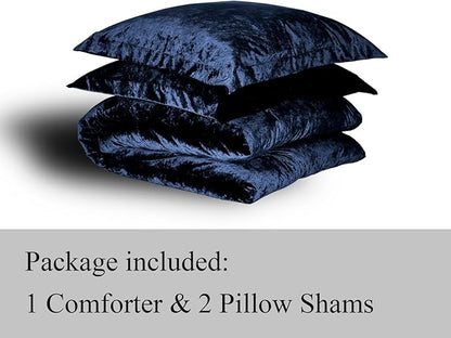 TAMGHO Navy Blue Velvet Comforter 3pc Queen Set, Crushed Velvet Bedding for All Seasons, Dark Blue Bed Set: 1 Comforter (92"x96") and 2 Pillow Shams (20"x26"+2")