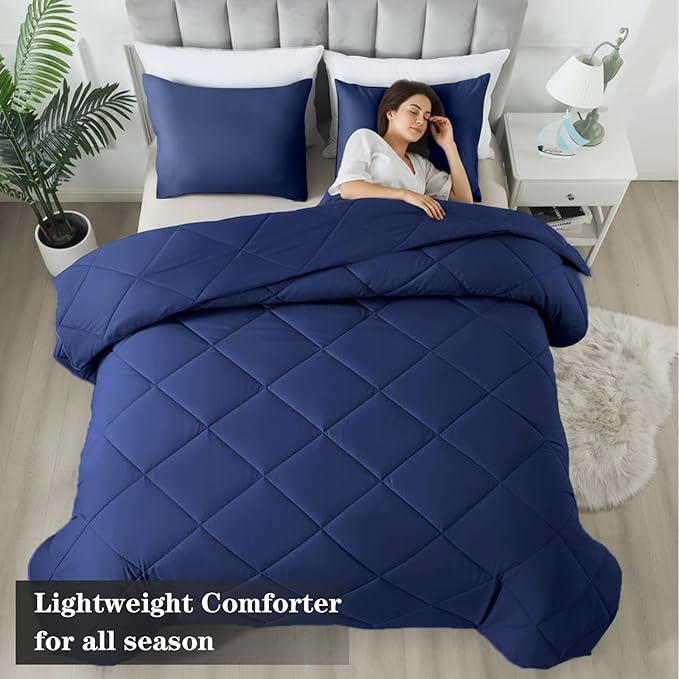 3-Piece Queen Comforter Set,All-Season,Soft & Hypoallergenic &Breathable Bedding,Polyester Quilted,Down Alternative(Comforter*1 & Pillowcases*2),Dark Blue