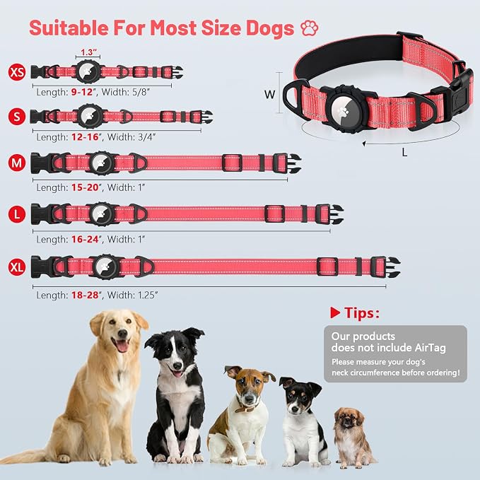 Taglory AirTag Dog Collar with Waterproof Holder for Medium Dogs, Baby Pink | Reflective for Night Walks & Low-Light Safety, Track Your Pup Peace of Mind, Adjustable Soft Padded, No More Dangling Tags M