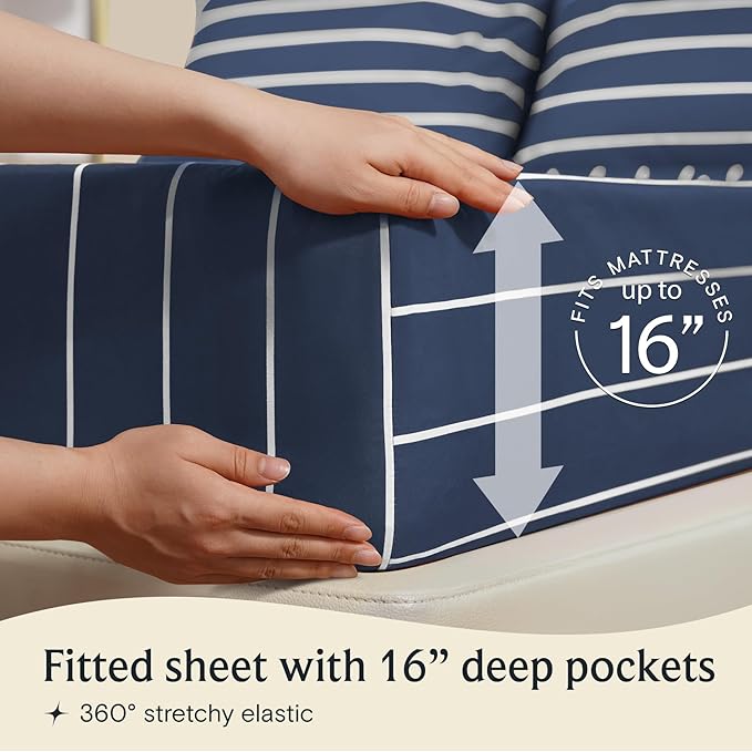 LuxClub 4 PC King Size Sheet Set, Breathable Luxury Bed Sheets, Deep Pockets 18" Wrinkle Free Cooling Machine Washable Hotel Bedding (Striped Navy)