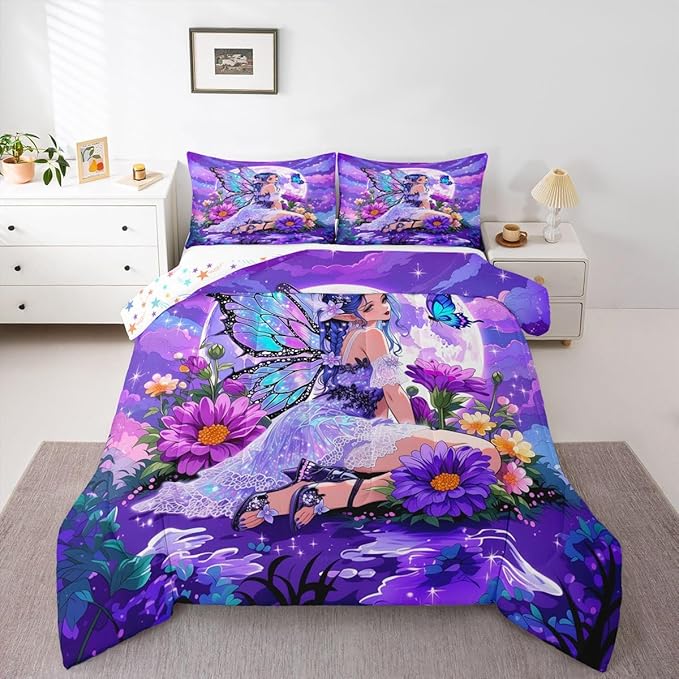 Erosebridal Fairy Girl Bedding Sets Full - Flower Fairytale Comforter Set for Kids Adults Blue Butterfly Floral Decor Duvet Insert Purple Galaxy Moon Quilt