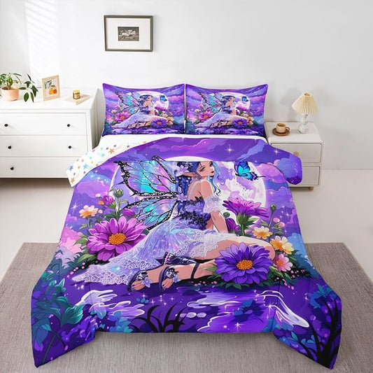 Erosebridal Fairy Girl Bedding Sets Queen - Flower Fairytale Comforter Set for Kids Adults Blue Butterfly Floral Decor Duvet Insert Purple Galaxy Moon Quilt