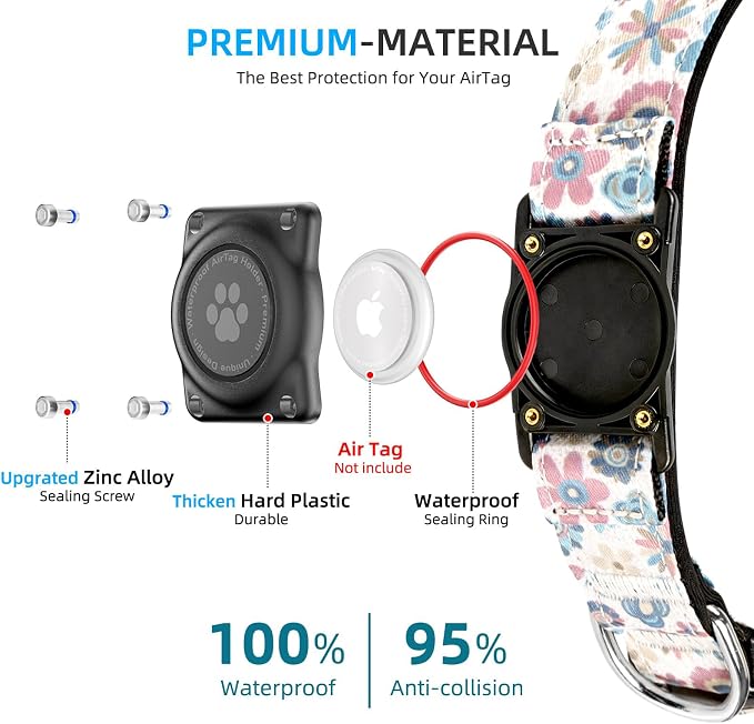 Upgrade Dog Collar with AirTag Holder, IP68 Waterproof, Boho Bloom, XL | Built-in Water Resistant AirTag holder, 1000D Nylon, Reflective Stitching for Night Visibility, Soft padding for Comfort