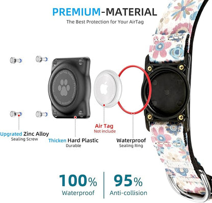 Upgrade Dog Collar with AirTag Holder, IP68 Waterproof, Boho Bloom, M | Built-in Water Resistant AirTag holder, 1000D Nylon, Reflective Stitching for Night Visibility, Soft padding for Comfort