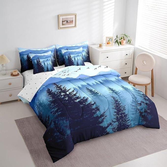 Erosebridal Dark Blue Twin Comforter Set with Sheets Mountain Pine Tree Forest Bedding Sets 7 Piece Rustic Woodland Nature Landscape Bed in A Bag for Kids Boys Teen Men,Soft Lightweight Bed Set