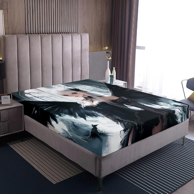 Erosebridal Anime Girl Bed Sheets Twin Size, Kawaii Japanese Anime Fitted Sheet for Kids Boys Teens Adult, Cartoon Girl Bedding Set Japan Animation Bedroom, Machine Washable, Black White