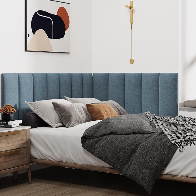 IFNOW Wall Mounted Headboard, Peel and Stick Panels, Dusty Blue, Queen | 3D Soundproof Acoustic Padding, Reusable and Removable Tufted fabric Bed Headboard for bedroom (9 Panels, 10" x 24")