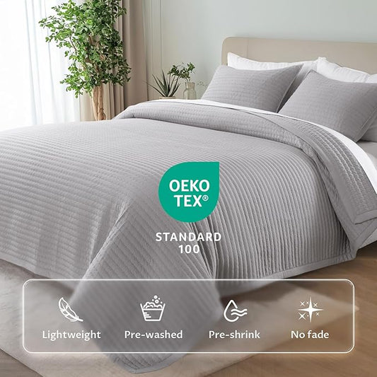 Oversized King Quilt Set 112"x106" – Soft Washed 3-Layer Lightweight California King Bedspread, Minimalist Nordic Design, All-Season Spring & Summer Quilt Set (1 Quilt + 2 Pillow Shams), Gull