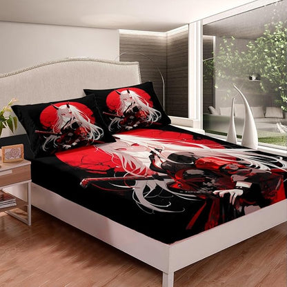 Erosebridal Queen Japanese Anime Bedding Set for Kids, Anime Girl Bed Sheets Kawaii Japanese Style Fitted Sheet Cartoon Japan Animation Bed Set for Boys Teen Adult Women Bedroom,Red Black
