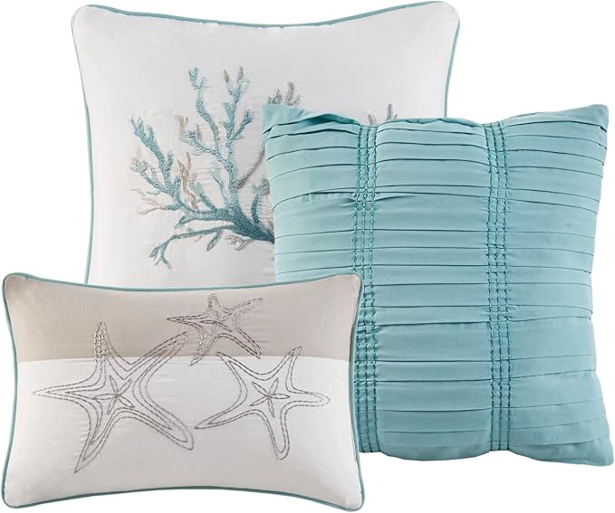 Madison Park Quilt Set Cottage Coastal Design, Starfish Print - All Season Lightweight Coverlet Bedding Layer, Shams, Toss Pillows, Pebble Beach, Aqua, Full/Queen(90 in x 90 in) 6 Piece