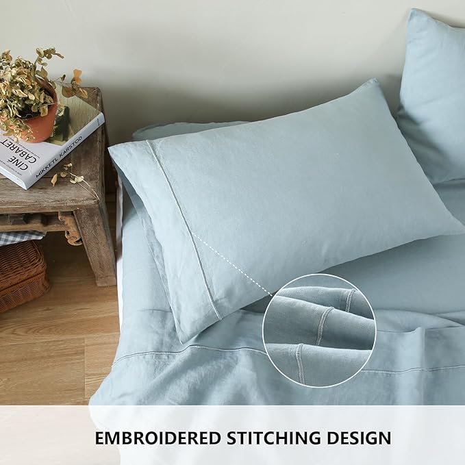 Simple&Opulence 100% French Linen Pillowcase Queen Size-Set of 2- Washed Solid Color Pillow Cases Embroidered -Soft and Durable (Dusty Blue, 20''x30'')