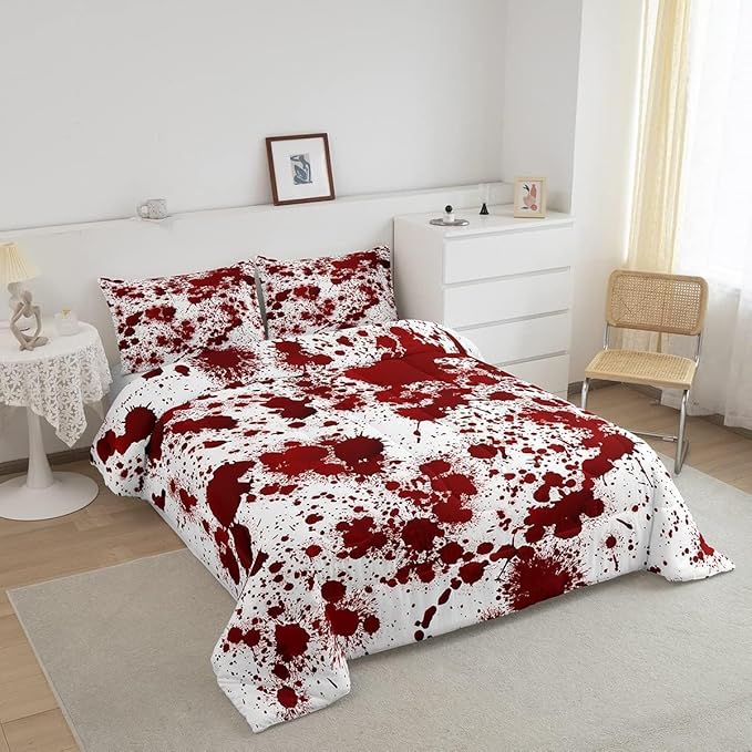Red Tie Dye Comforter Set King Size,Halloween Decor Bedding Set 3pcs for Kids Teens Boys Bedroom,Gothic Horror Style Quilt Set Cartoon Hand Painted Graffiti Down Comforter with 2 Pillowcases