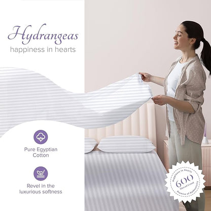 Carressa Linen 100% Egyptian Cotton California King Size Sheet Set - Striped 600 Thread Count Cal King Sheets (White), Silky Soft, Cooling, Sateen Weave 16" Deep Pocket Damask Hotel Quality Sheet