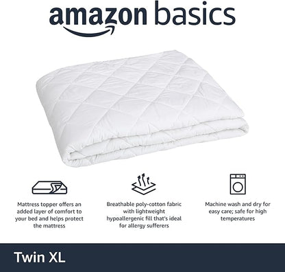 Amazon Basics Hypoallergenic Breathable Quilted Mattress Topper Pad, 18 Inches Deep, Twin XL, White