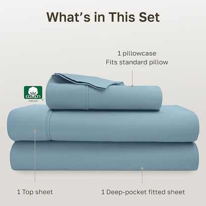 California Design Den Twin XL Sheet Sets - Soft 400 Thread Count Sateen, Natural 100% Cotton Sheets Set with Deep Pockets, and Durable Bedding - Sky Blue