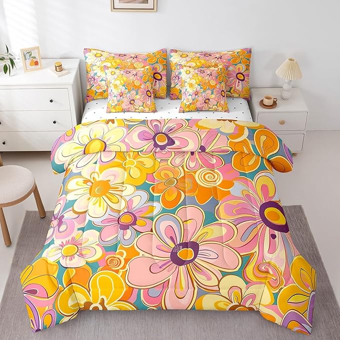 Bohemian Twin Comforter Set with Sheets Bed in a Bag 7 Pcs,70s Hippie Floral Retro Flowers Bed Set,Vintage Farmhouse Style Bedding Sets with Comforter,Flat,Fitted Sheet,Pillowcases,Pillow Covers