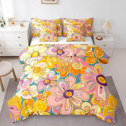 Bohemian King Comforter Set with Sheets Bed in a Bag 7 Pcs,70s Hippie Floral Retro Flowers Bed Set,Vintage Farmhouse Style Bedding Sets with Comforter,Flat,Fitted Sheet,Pillowcases,Pillow Covers