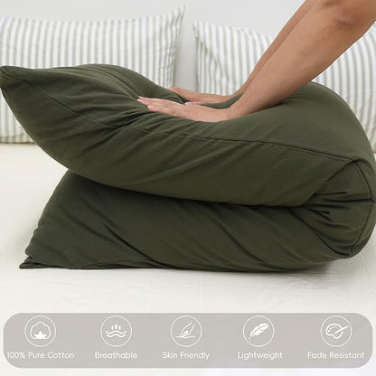 MooMee Body Pillow Cover Pillowcase with Zipper 100% Washed Cotton Linen Like Textured Breathable Durable Soft Comfy (Olive Green, 21”x54”, 1PC)