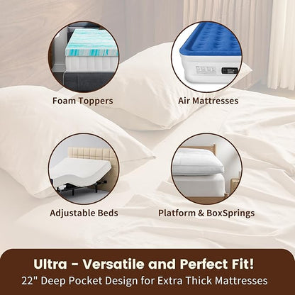 100% Linen Sheet Set King Size Extra Deep Pocket Fits 18-24 Inch Mattress, Breathable & Soft, Smooth 4-Piece Set for Thick Mattresses Hotel Luxury Bedding（King, Linen）
